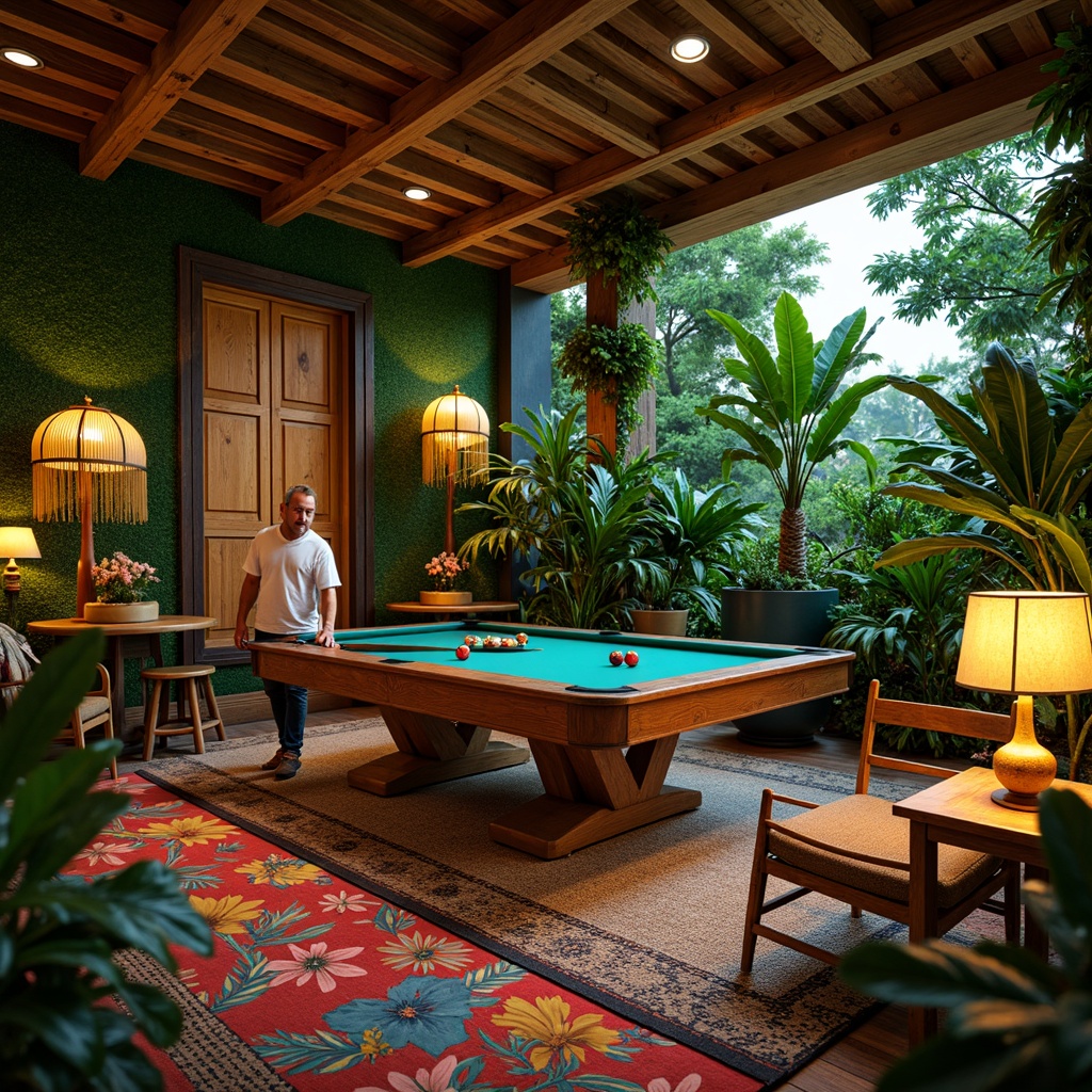 Prompt: Vibrant tropical game room, exotic wood accents, lush green walls, neon color scheme, warm ambient lighting, table lamps with natural linen shades, hanging rattan lanterns, LED floor lights, colorful glass beads, woven bamboo furniture, natural fiber rugs, jungle-inspired textiles, vibrant floral patterns, palm tree decorations, sunny day atmosphere, soft warm glow, shallow depth of field, 1/2 composition, realistic shadows, ambient occlusion.