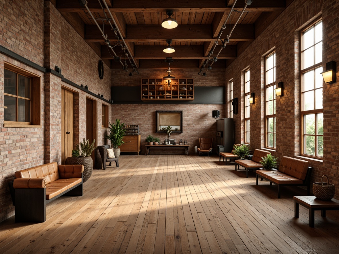 Prompt: Rustic gymnasium interior, wooden flooring, reclaimed wood accents, exposed brick walls, metal beams, vintage athletic equipment, distressed leather benches, industrial-style lighting fixtures, earthy color palette, natural textiles, woven baskets, antique furniture pieces, worn stone walls, arched windows, warm cozy atmosphere, soft golden lighting, shallow depth of field, 2/3 composition, realistic wood textures, ambient occlusion.