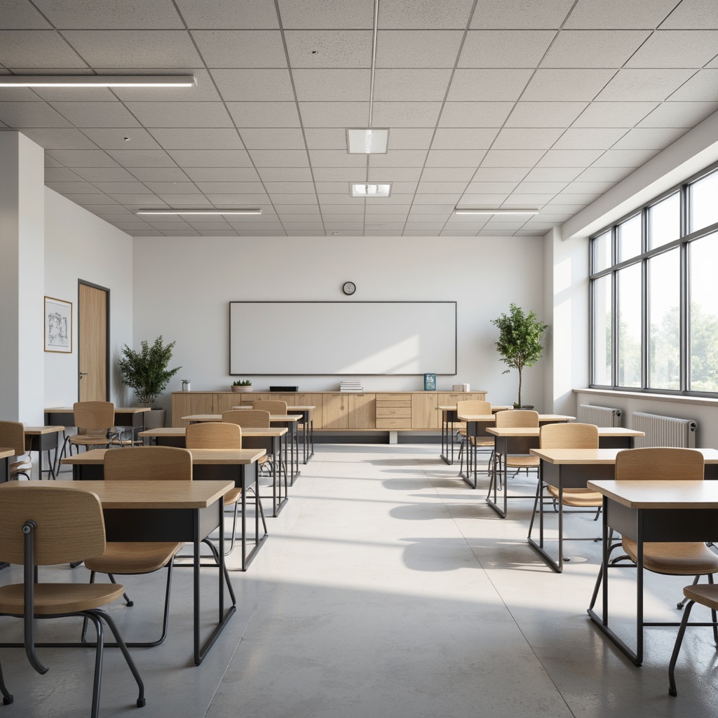 Prompt: Simple high school classroom, minimalist aesthetic, clean lines, monochromatic color scheme, functional furniture, ergonomic chairs, wooden desks, metal legs, adjustable tables, comfortable cushions, subtle textures, natural light, large windows, calm atmosphere, soft shadows, shallow depth of field, 1/1 composition, realistic rendering, ambient occlusion.