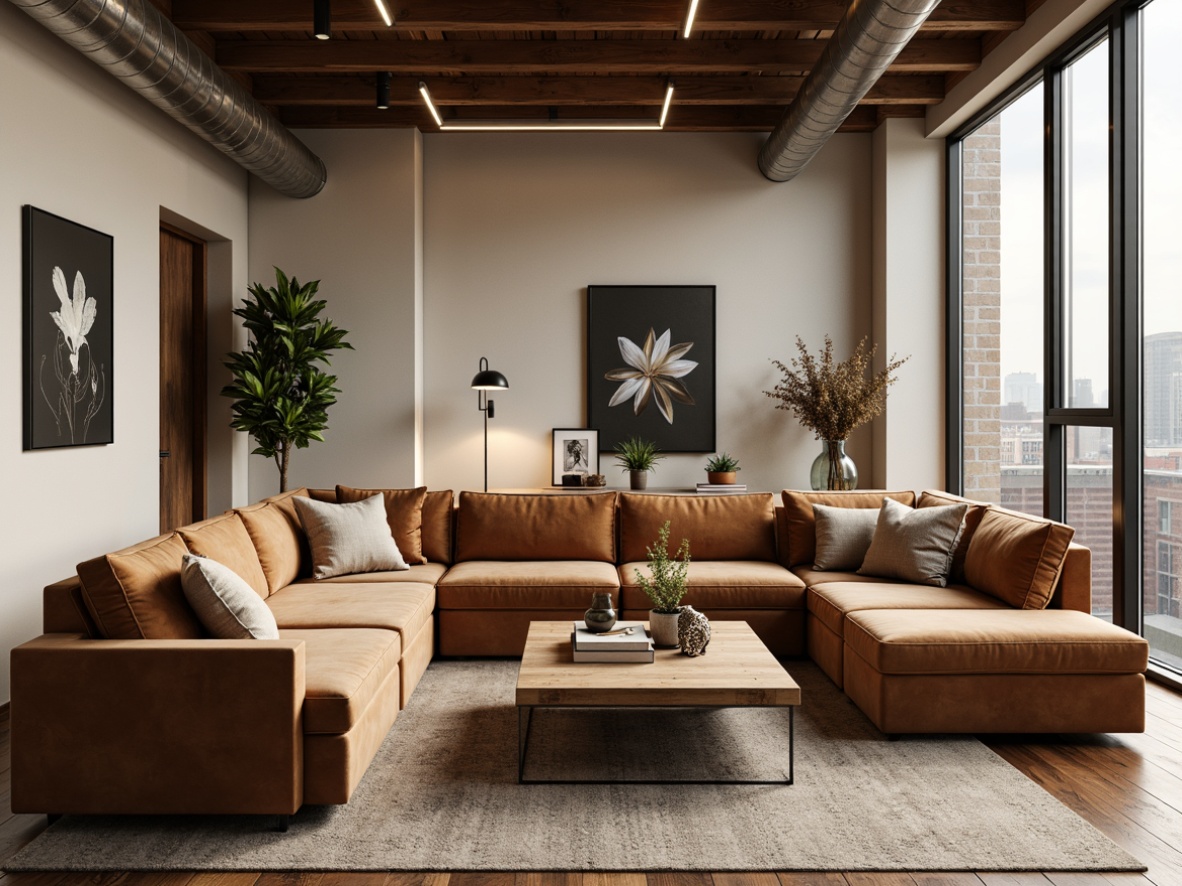 Prompt: Cozy living room, plush sectional sofa, soft velvet upholstery, wooden coffee table, minimalist decor, modern abstract artwork, floor-to-ceiling windows, natural light, warm beige walls, comfortable throw pillows, rustic wooden flooring, industrial metal lighting fixtures, urban loft atmosphere, relaxed seating arrangement, intimate conversation areas, ambient dimmable lighting, 1/1 composition, shallow depth of field, realistic textures.