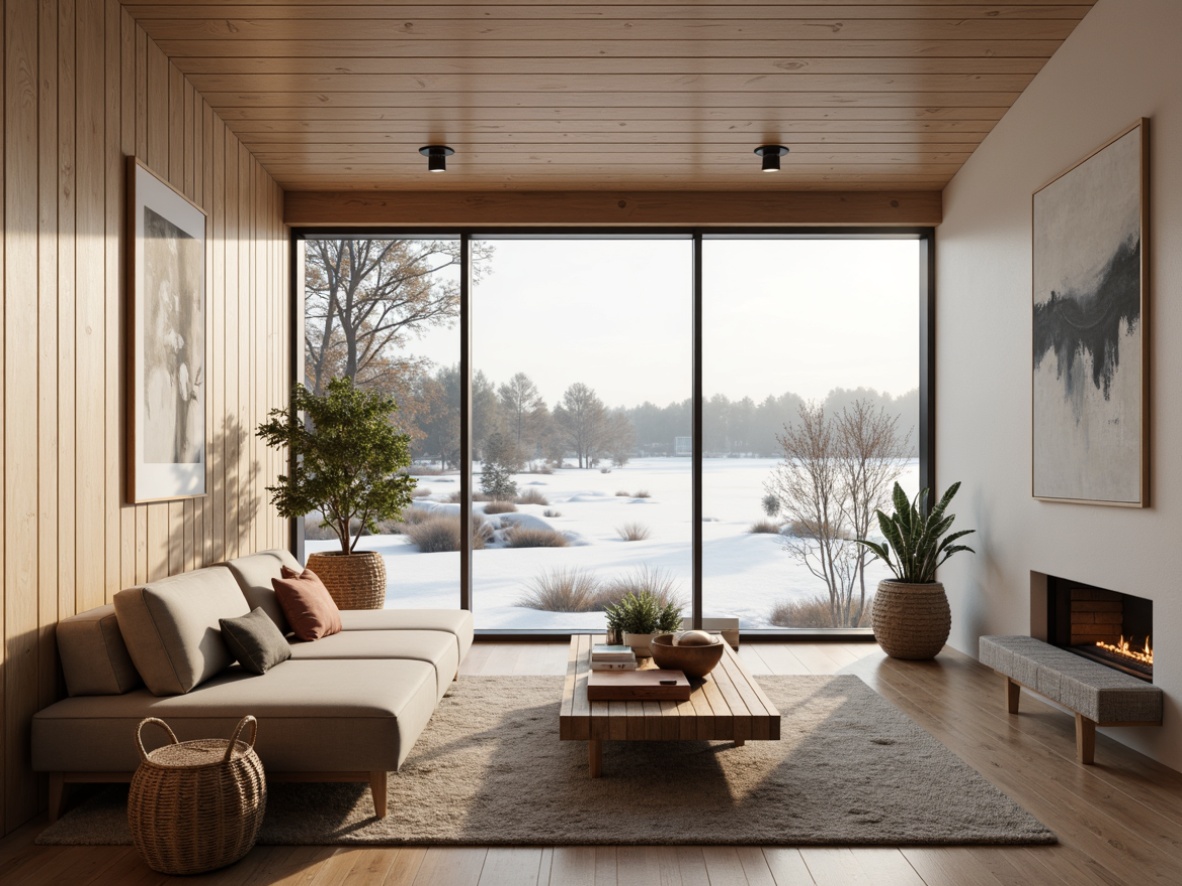 Prompt: Minimalist Scandinavian villa, Nordic-inspired architecture, wooden accents, natural materials, cozy atmosphere, soft warm lighting, functional simplicity, clean lines, monochromatic color scheme, beige sofas, oak wood coffee tables, woven baskets, potted plants, sheer curtains, abstract artwork, geometric patterns, woolen textiles, plush area rugs, floor-to-ceiling windows, panoramic views, snow-covered landscape, frosty winter morning, soft focus, shallow depth of field.