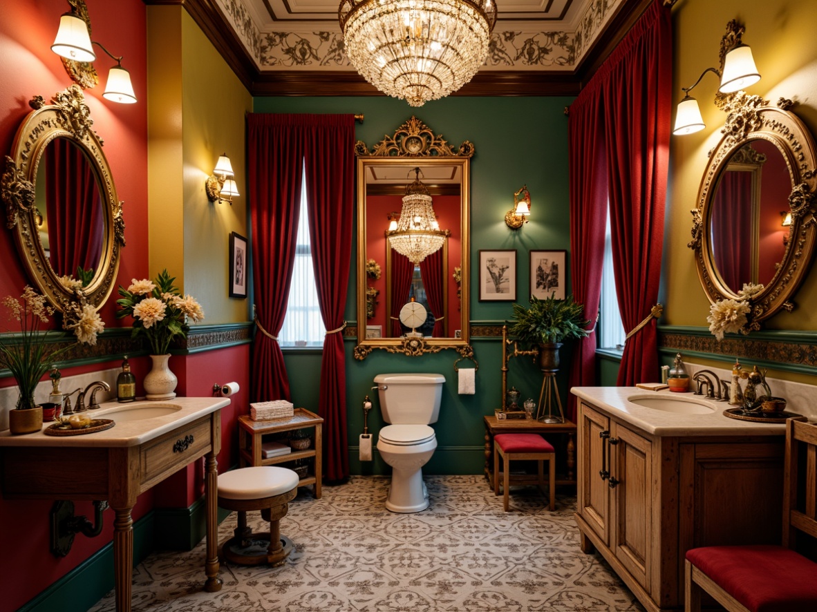 Prompt: Whimsical powder room, eclectic style, ornate mirrors, lavish chandeliers, bold colorful walls, rich velvet drapes, antique furniture pieces, distressed wood accents, vintage accessories, luxurious marble countertops, decorative metalwork, intricate tile patterns, soft warm lighting, shallow depth of field, 1/1 composition, intimate atmosphere, opulent textiles, exotic floral arrangements.