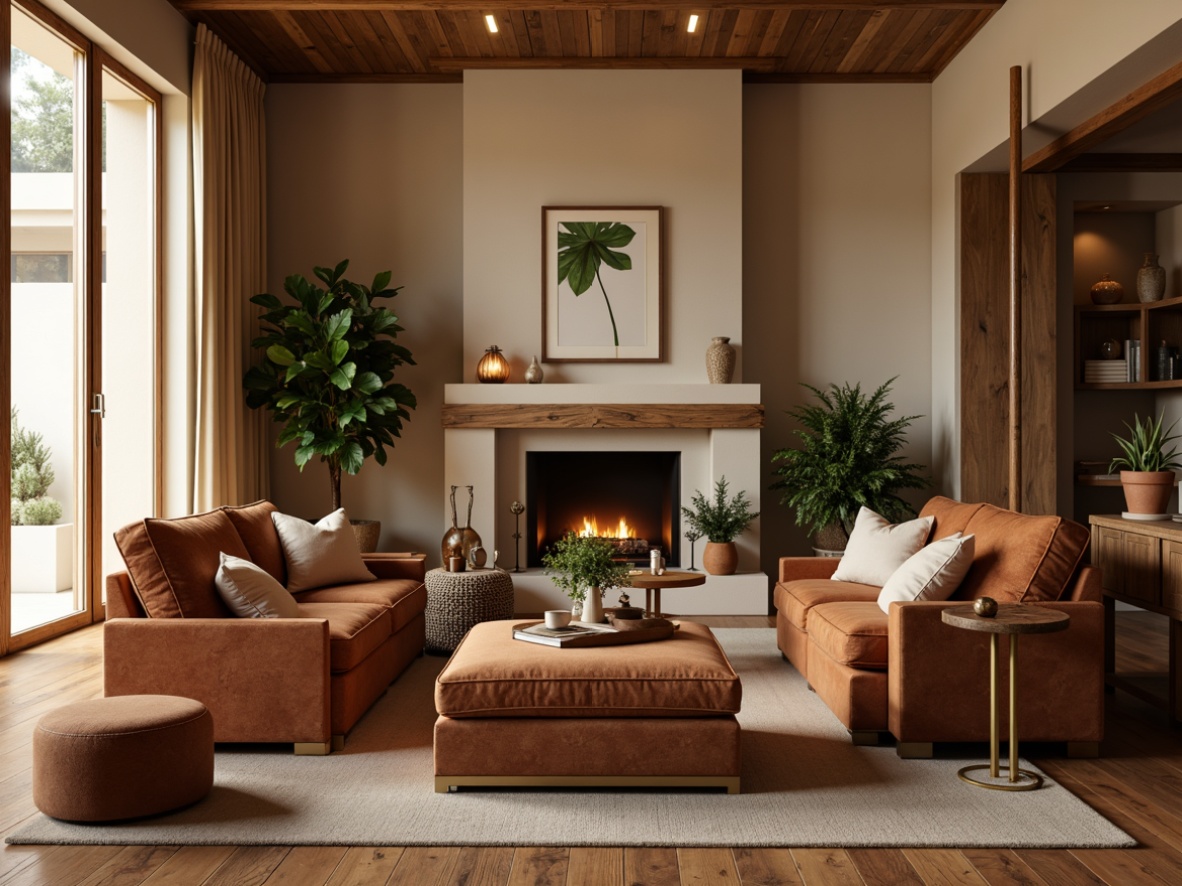 Prompt: Cozy living room, warm beige walls, rich walnut wood furniture, plush velvet sofas, golden metal accents, soft cream curtains, earthy terracotta planters, natural stone fireplace, ambient warm lighting, 1/2 composition, intimate atmosphere, realistic textures, subtle color gradations.