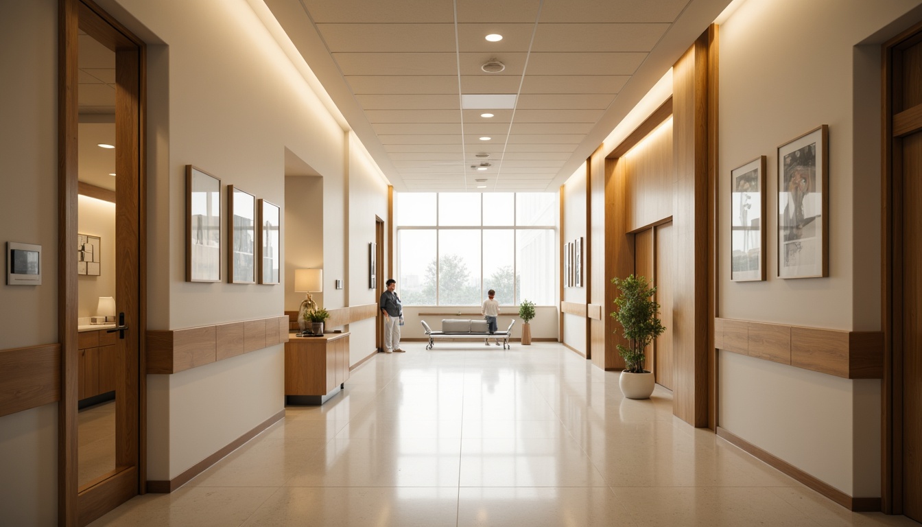 Prompt: Elegant hospital corridors, soft warm lighting, subtle color temperature transitions, gentle LED strips, minimalist ceiling fixtures, natural wood accents, clean lines, simple shapes, calming atmosphere, peaceful ambiance, indirect illumination, floor-to-ceiling windows, abundant daylight, reflective surfaces, subtle shadows, 1/1 composition, shallow depth of field, realistic textures, ambient occlusion.