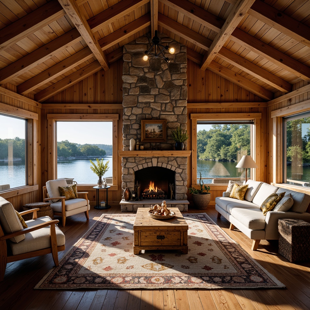 Prompt: Rustic boathouse, wooden accents, nautical decor, open floor plan, high ceilings, exposed beams, wooden floors, stone fireplace, comfy furniture, natural textiles, vintage lighting fixtures, lake views, surrounding forest, serene atmosphere, warm golden lighting, shallow depth of field, 2/3 composition, realistic wood textures, ambient occlusion.