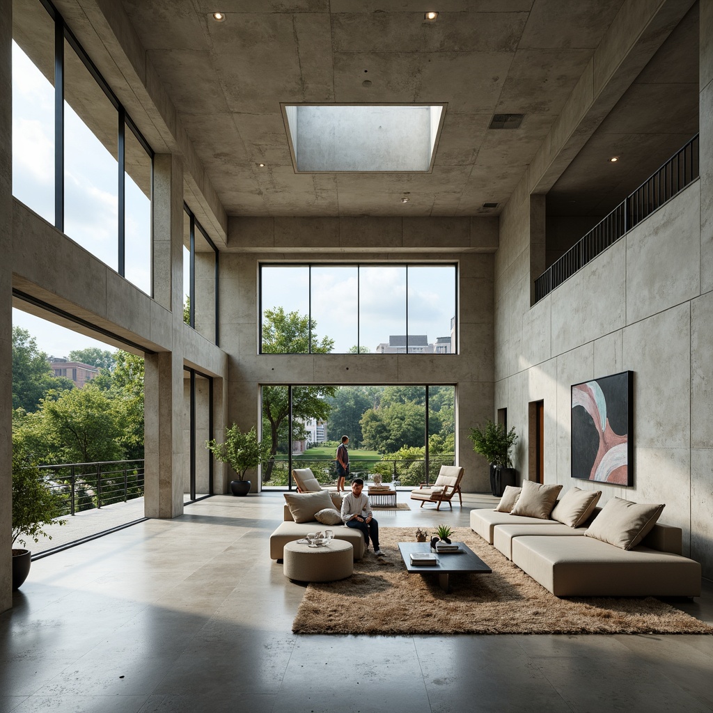 Prompt: Minimalist brutalist family room, open space concept, high ceilings, concrete floors, industrial metal beams, raw concrete walls, functional furniture, modern minimalist decor, abstract artwork, natural light pouring, clerestory windows, sliding glass doors, lush greenery views, urban landscape, cloudy day, soft diffused lighting, shallow depth of field, 1/1 composition, symmetrical framing, realistic textures, ambient occlusion.