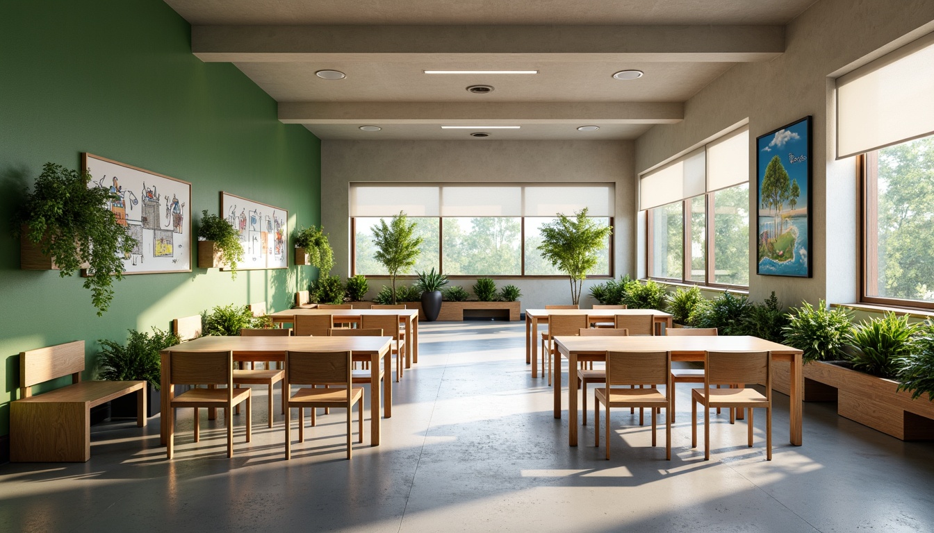 Prompt: Minimalist open-plan classrooms, abundant natural light, polished concrete floors, simple wooden desks, ergonomic chairs, green walls, living plants, floor-to-ceiling windows, sliding glass doors, outdoor learning areas, wooden benches, educational murals, soft warm lighting, shallow depth of field, 3/4 composition, panoramic view, realistic textures, ambient occlusion.