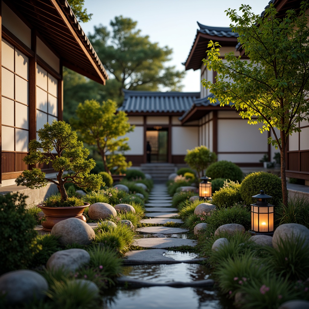 Prompt: \Serene Japanese garden, lantern-style lighting, soft warm glow, natural stone pathways, tranquil water features, bonsai trees, vibrant greenery, traditional Shoji screens, minimalist decor, subtle color palette, paper lanterns, ambient occlusion, 1/1 composition, shallow depth of field, warm afternoon light, gentle shadows, rice paper textures, woven bamboo accents, delicate cherry blossom motifs.\