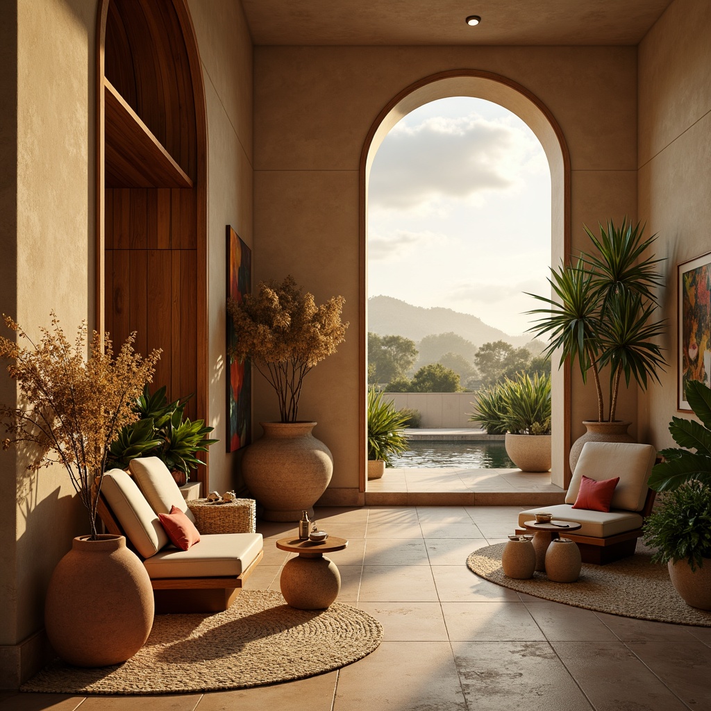 Prompt: Warm beige walls, rich wood accents, cozy velvet fabrics, soft golden lighting, earthy terracotta pottery, lush greenery, natural stone flooring, plush area rugs, comfortable lounge seating, calming water features, serene landscape views, warm sunny day, gentle cloud formations, soft focus blur, 1/1 composition, intimate atmosphere, realistic textures.