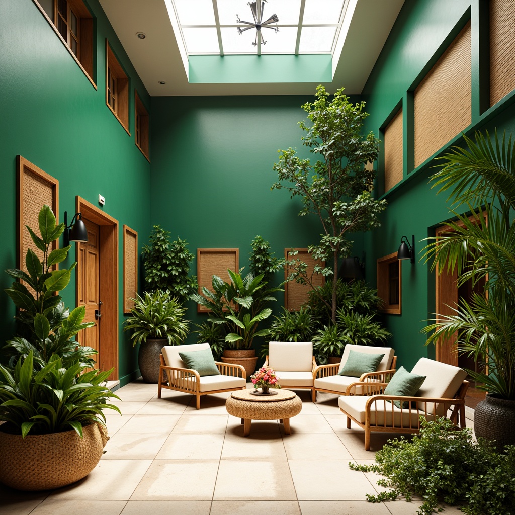 Prompt: Lush tropical foliage, vibrant green walls, exotic flower arrangements, rattan furniture, natural wood accents, warm beige flooring, large skylights, soft diffused lighting, airy atmosphere, open ceiling design, modern minimalist decor, elegant chandeliers, lush potted plants, colorful ceramic vases, woven bamboo textures, subtle leaf patterns, jungle-inspired artwork, serene ambiance, 1/2 composition, shallow depth of field, realistic plant renderings.