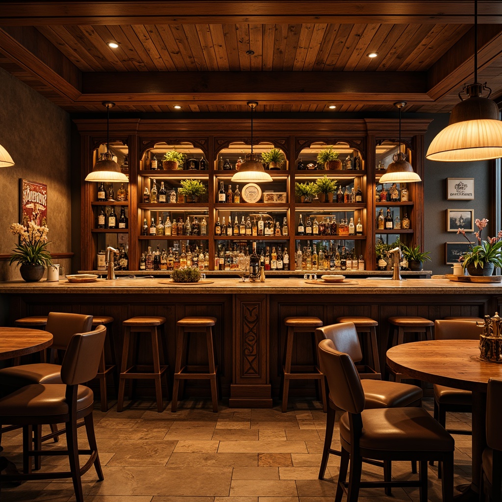 Prompt: Luxurious home bar, rich wood tones, polished metal accents, warm ambient lighting, cozy atmosphere, earthy color scheme, natural stone countertops, wooden shelves, leather stools, vintage beer signs, rustic decorations, dimmable lighting, 1/2 composition, shallow depth of field, realistic textures, warm golden hour lighting.