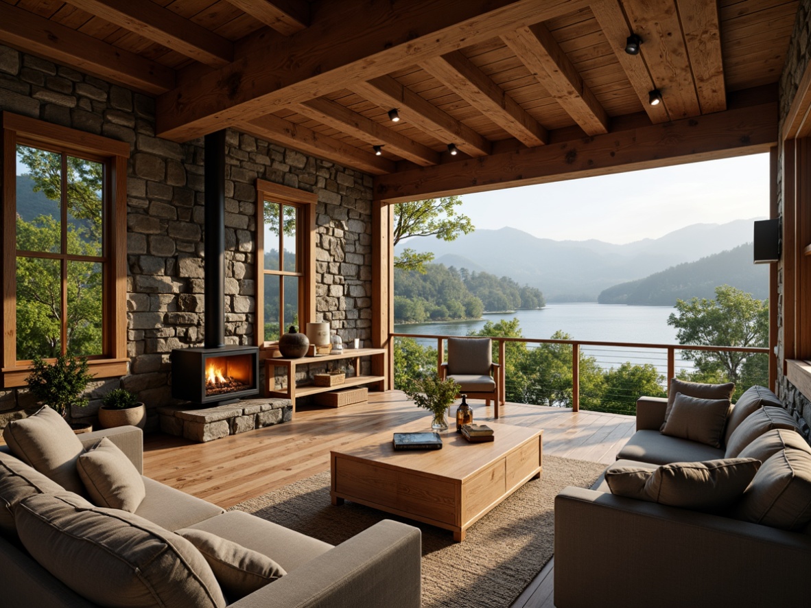 Prompt: Rustic wooden cabins, natural stone walls, earthy color palette, exposed beam ceilings, reclaimed wood flooring, cozy fireplaces, plush furnishings, verdant surroundings, rolling hills, serene lakeside, misty mornings, warm soft lighting, shallow depth of field, 3/4 composition, panoramic view, realistic textures, ambient occlusion.