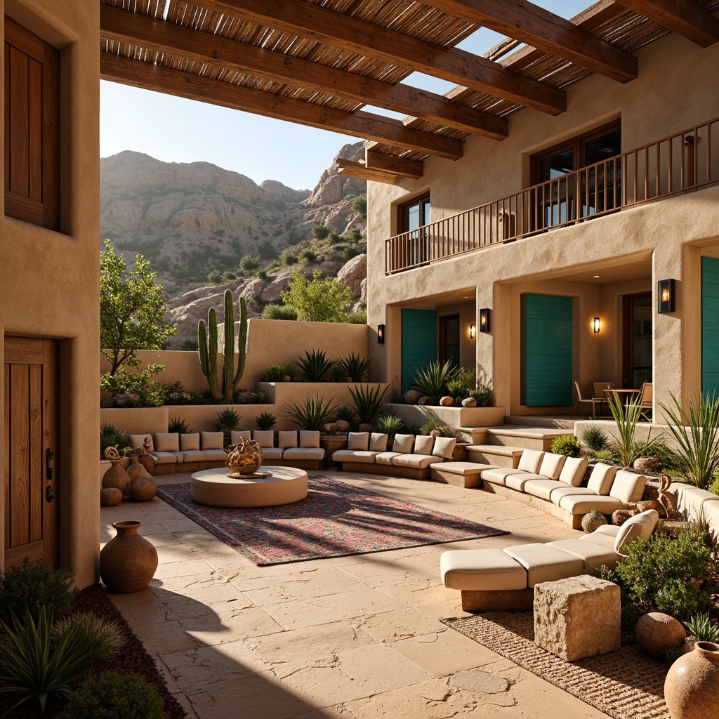 Prompt: Earthy southwestern amphitheater, curved stone seating, natural rock formations, rustic wooden accents, vibrant turquoise details, sandy beige stucco walls, tiered landscape design, abundant cacti and succulents, warm golden hour lighting, soft diffused sunlight, clerestory windows, open ceiling trusses, exposed wooden beams, earthy terracotta flooring, woven textiles, ethnic patterned rugs, Southwestern-inspired pottery, rustic metal lanterns, dramatic shadows, high contrast ratio, 2/3 composition, atmospheric perspective.