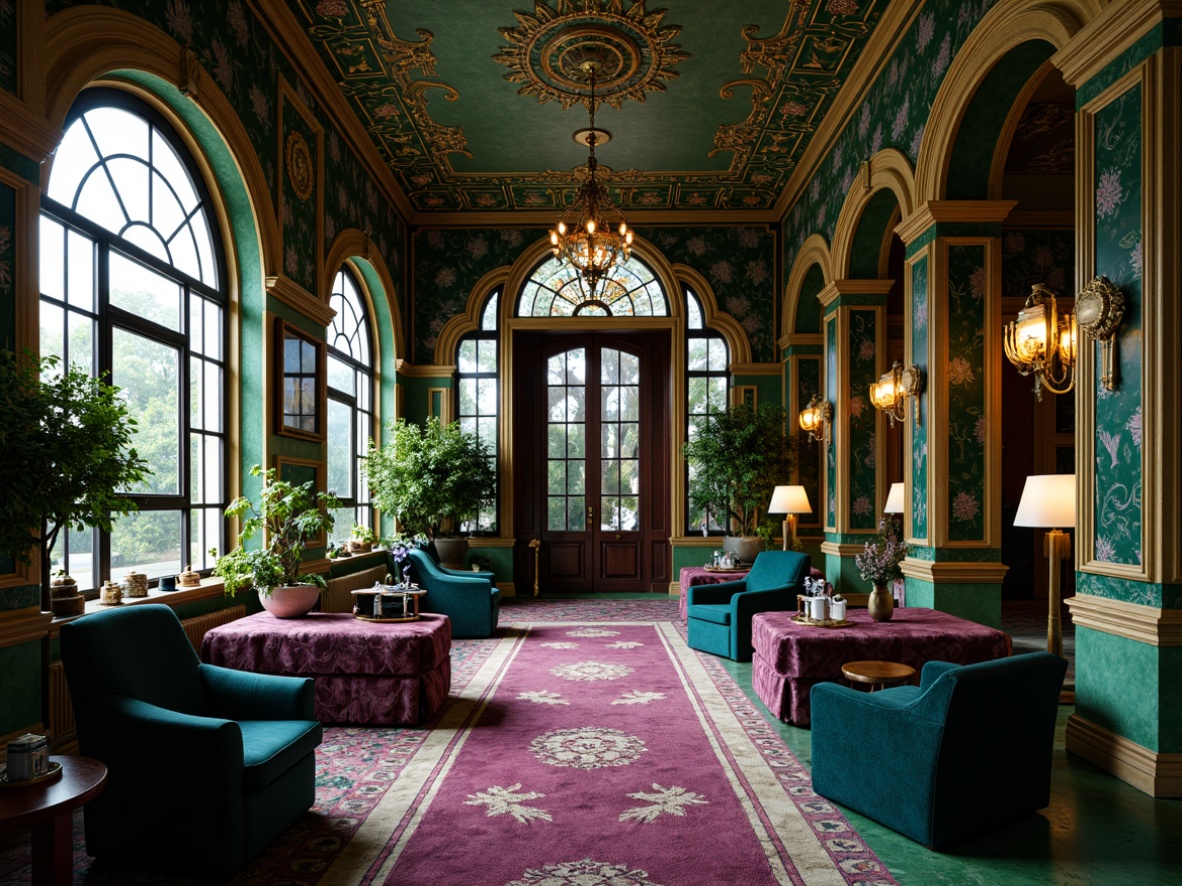 Prompt: Opulent Art Nouveau interior, rich jewel tones, emerald green, sapphire blue, amethyst purple, golden accents, ornate furnishings, flowing organic lines, sinuous curves, botanical motifs, floral patterns, luxurious velvet fabrics, intricate wood carvings, stained glass windows, warm soft lighting, dramatic shadows, 1/2 composition, low-angle shot, realistic textures, ambient occlusion.