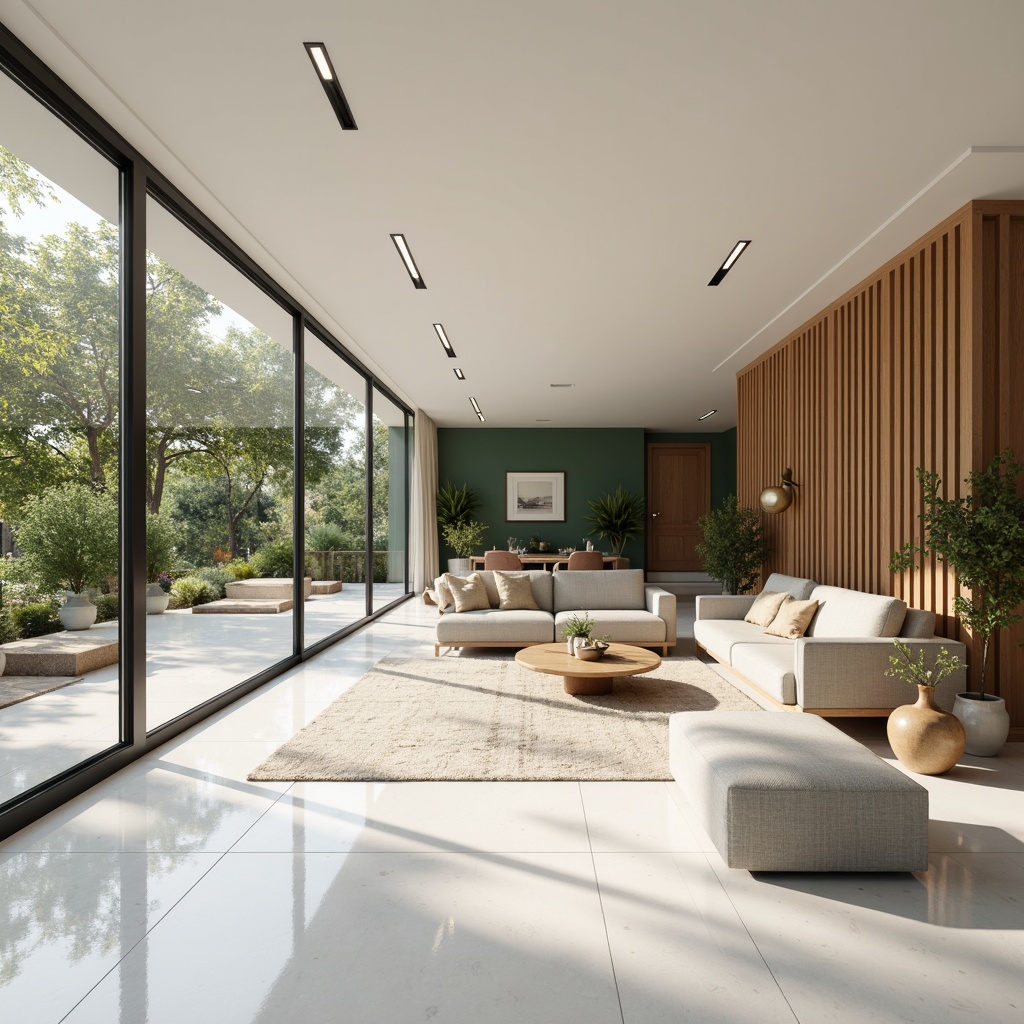 Prompt: Minimalist living room, spacious floor plan, natural light pouring, floor-to-ceiling windows, white marble floors, modern furniture, sleek lines, low-profile sofas, airy atmosphere, greenery walls, potted plants, wooden accents, warm beige tones, cozy reading nooks, plush area rugs, hidden storage compartments, ambient lighting, soft shadows, 1/1 composition, realistic textures, subtle color palette.