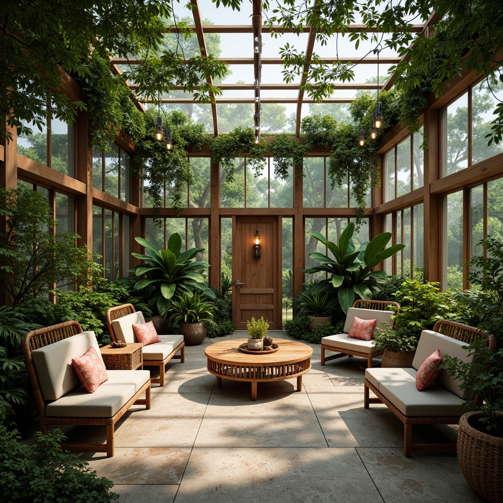 Prompt: \Serenely lush greenhouse interior, Asian-inspired decor, natural stone flooring, bamboo accents, wicker furniture, intricately carved wooden benches, vibrant greenery, exotic plants, hanging lanterns, soft warm lighting, shallow depth of field, 3/4 composition, panoramic view, realistic textures, ambient occlusion.\