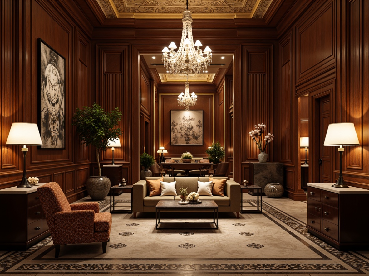 Prompt: Luxurious Art Deco interior, geometric patterns, metallic accents, opulent fabrics, velvety softness, intricate moldings, ornate furnishings, lavish chandeliers, rich wood tones, glossy marble surfaces, warm ambient lighting, subtle shadows, 1/1 composition, close-up shot, realistic textures, ambient occlusion.