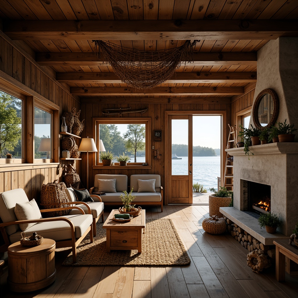 Prompt: Cozy boathouse interior, earthy tones, wooden accents, natural textures, rustic charm, nautical elements, vintage fishing nets, woven baskets, distressed wood furniture, plush cushions, soft warm lighting, crackling fireplace, lake views, surrounding foliage, water-inspired decor, organic shapes, earthy color palette, nature-infused ambiance, peaceful atmosphere, shallow depth of field, 1/2 composition, warm golden hour, realistic wood grain textures.