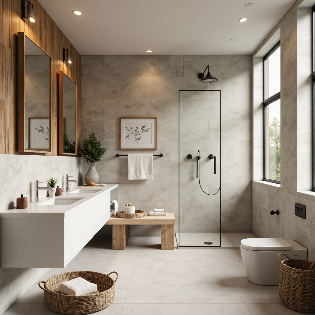 Prompt: Minimalist bathroom, natural stone walls, matte white countertops, wooden accents, soft warm lighting, Nordic-inspired furniture, porcelain sinks, chrome faucets, glass shower doors, marble floors, woven baskets, linen textiles, botanical prints, subtle color palette, calming ambiance, shallow depth of field, 1/1 composition, realistic reflections, ambient occlusion.