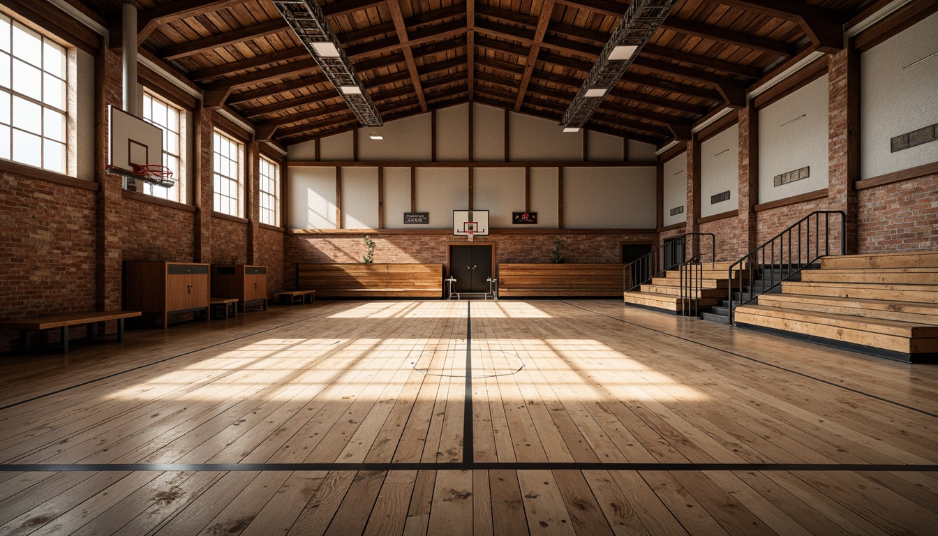 Prompt: Rustic gymnasium, reclaimed wood flooring, distressed textures, earthy tones, wooden bleachers, vintage sports equipment, exposed brick walls, industrial metal beams, natural stone accents, warm cozy lighting, shallow depth of field, 1/1 composition, realistic wood grains, ambient occlusion.