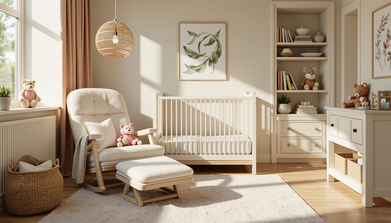 Prompt: Cozy baby nursery, plush toys, soft pastel colors, gentle lighting, warm beige walls, creamy white furniture, comfortable glider rocker, oversized pillows, Sherpa blankets, woven baskets, natural wood accents, calming botanical prints, serene forest scenery, warm sunny day, shallow depth of field, 3/4 composition, realistic textures, ambient occlusion.