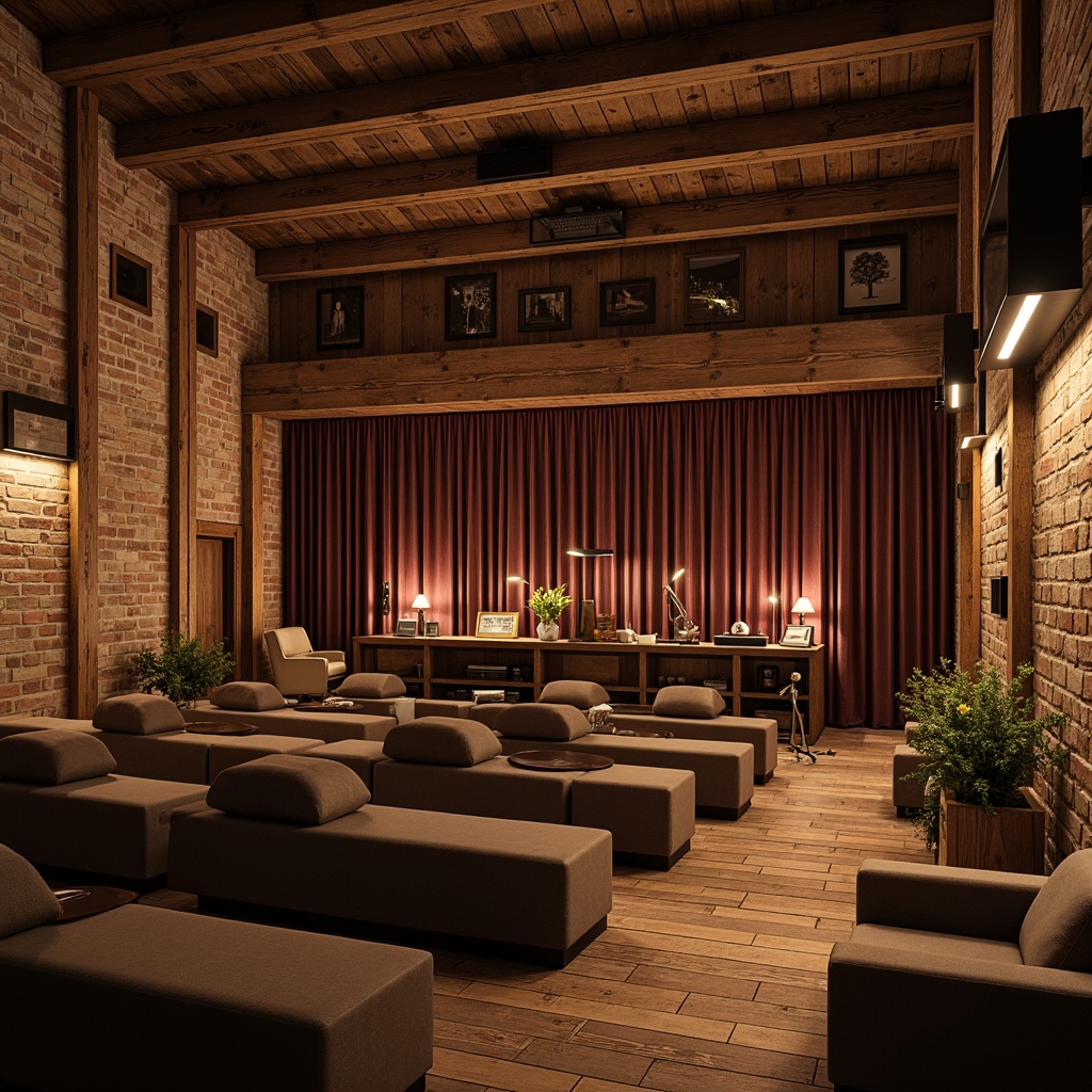 Prompt: Rustic farmhouse theater, reclaimed wood accents, exposed brick walls, high ceilings, wooden beams, vintage metal lanterns, earthy color palette, natural textiles, plush velvet curtains, cozy atmosphere, intimate seating arrangement, subtle lighting, warm tone sound systems, acoustic panels, soundproofing materials, minimal ornamentation, distressed finishes, wooden floorboards, soft cushions, warm ambiance, 3/4 composition, shallow depth of field, realistic textures, ambient occlusion.