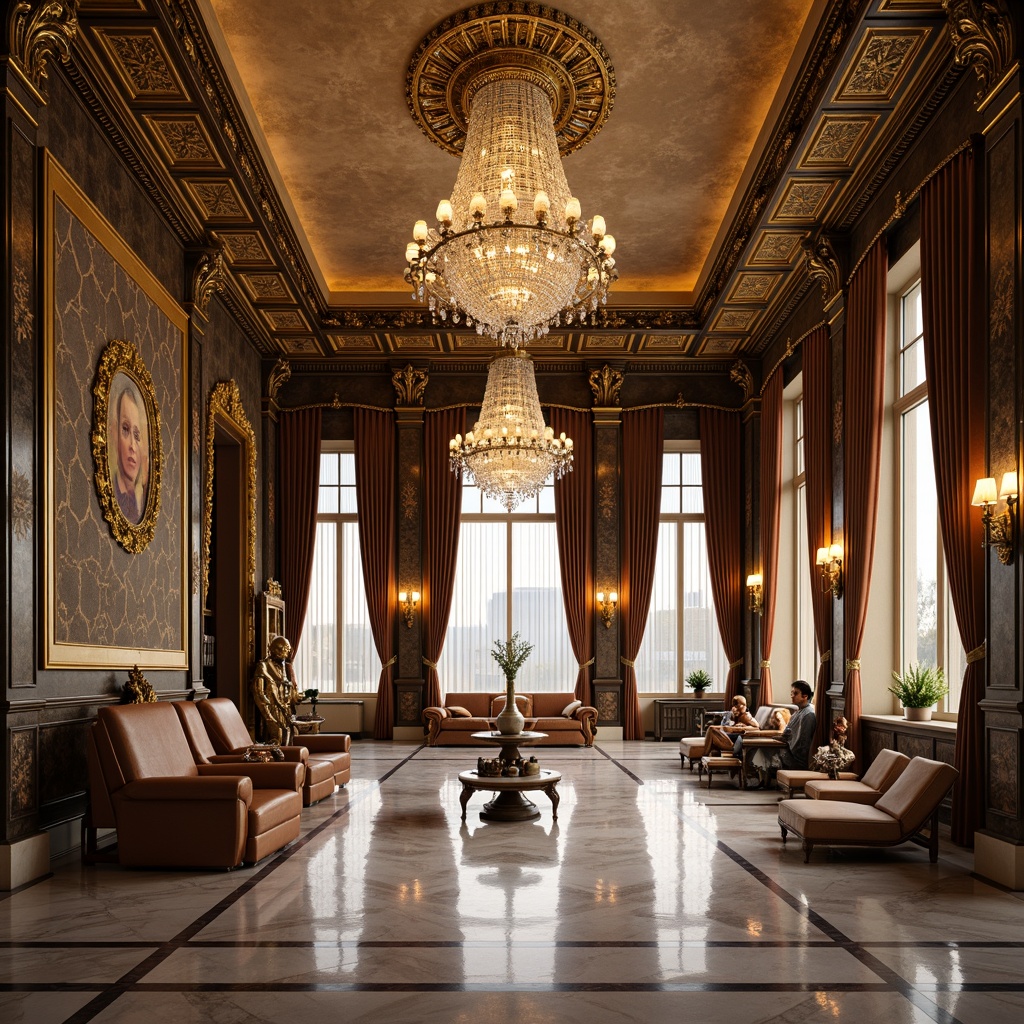 Prompt: Grandiose great room, ornate chandeliers, lavish furnishings, geometric patterns, metallic accents, luxurious textiles, velvet drapes, crystal vases, gilded frames, polished marble floors, intricate moldings, opulent color scheme, dramatic lighting, warm golden tones, soft focus, shallow depth of field, 1/2 composition, symmetrical framing, realistic reflections, ambient occlusion.