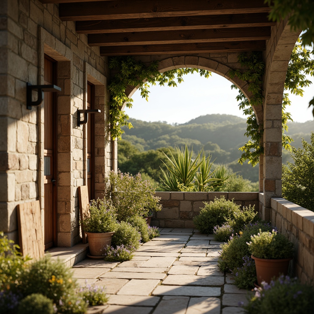 Prompt: Rustic farmhouse, weathered wooden accents, distressed textures, earthy color palette, natural stone walls, rough-hewn wood beams, vintage metal fixtures, soft warm lighting, shallow depth of field, 3/4 composition, cozy atmosphere, lush greenery, wildflowers, rolling hills, sunny day.