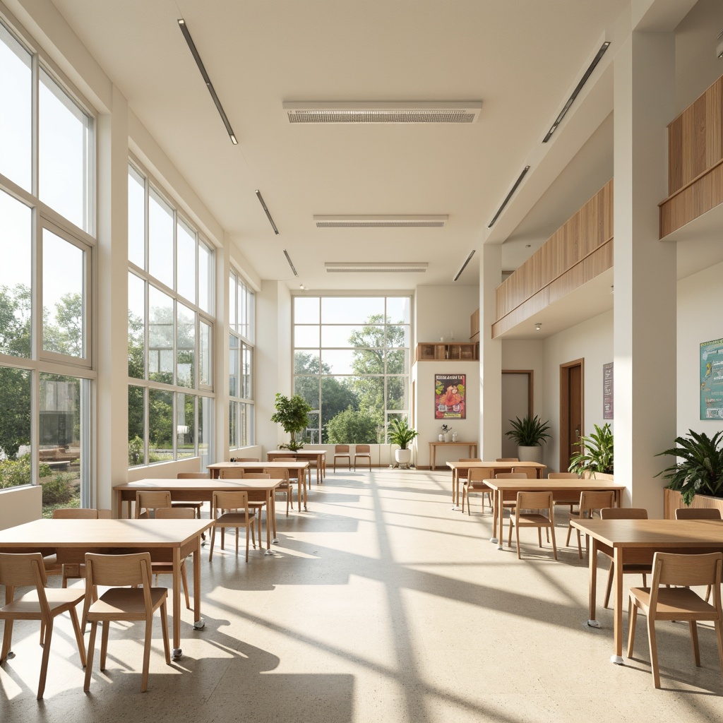 Prompt: Minimalist school interior, abundant natural light, large windows, transparent glass walls, simple wooden tables, ergonomic chairs, pastel color scheme, soft beige tones, creamy whites, subtle textures, clean lines, uncluttered spaces, modern lighting fixtures, suspended ceiling lights, educational posters, greenery accents, potted plants, calm atmosphere, shallow depth of field, 3/4 composition, realistic render, ambient occlusion.