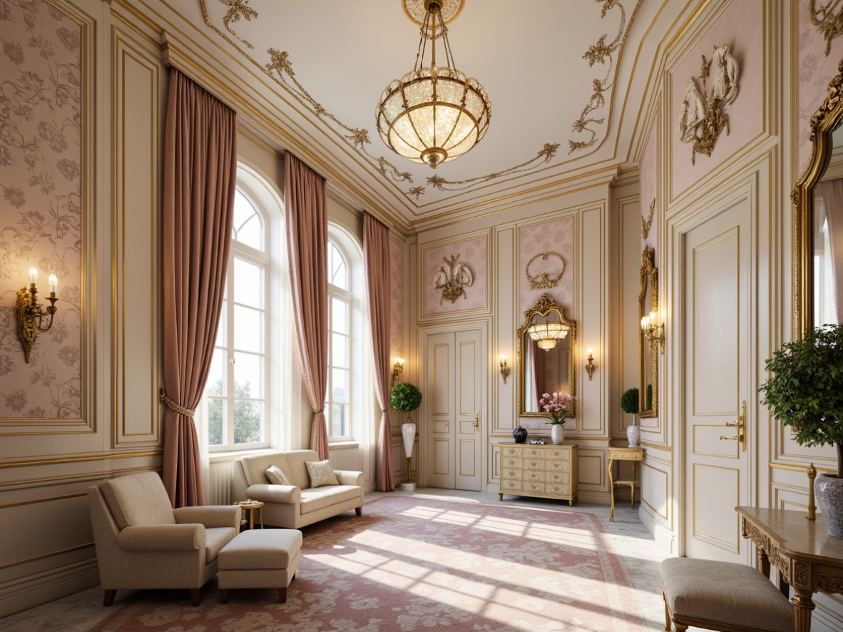 Prompt: Luxurious Rococo-style apartment interior, opulent furnishings, intricately carved wooden panels, gilded mirrors, ornate chandeliers, velvet drapes, soft pastel color palette, delicate floral patterns, curved lines, scalloped edges, shell-shaped decorations, antique furniture pieces, marble floors, crystal door handles, lavish textiles, tufted upholstery, golden accents, warm soft lighting, shallow depth of field, 1/1 composition, realistic reflections, ambient occlusion.