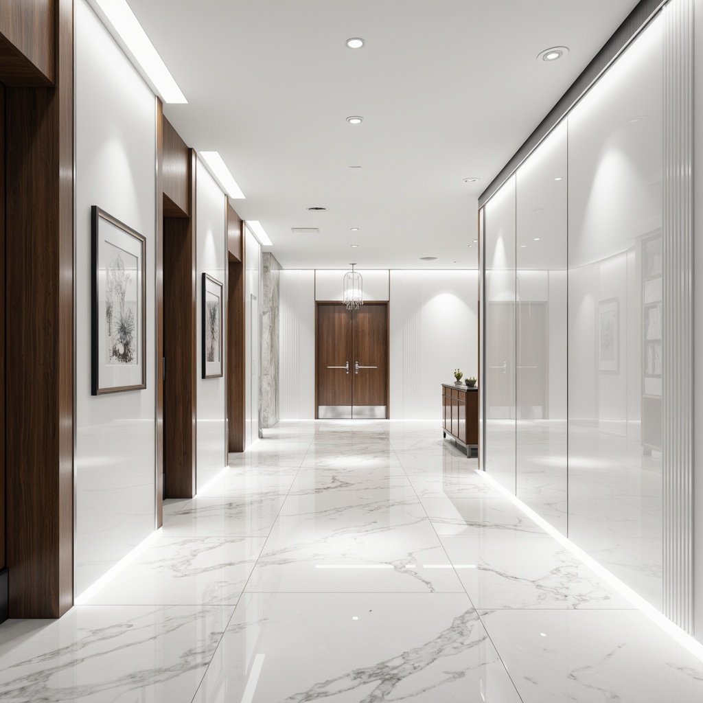 Prompt: Glossy white walls, sleek metallic accents, polished chrome trim, minimalist decor, bold geometric patterns, monochromatic color scheme, luxurious marble floors, high-gloss wood panels, futuristic LED lighting, ambient indirect illumination, shallow depth of field, 3/4 composition, panoramic view, realistic textures, ambient occlusion.