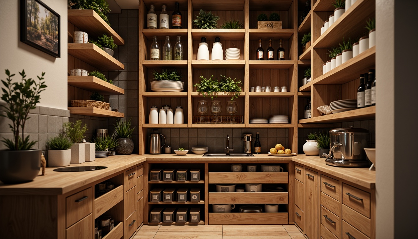 Prompt: Cozy pantry interior, wooden shelves, sleek metal racks, stackable containers, transparent storage bins, adjustable drawer dividers, pull-out spice racks, corner carousel units, soft warm lighting, rustic wood tones, earthy color palette, practical layout, efficient use of vertical space, 1/1 composition, realistic textures, ambient occlusion.