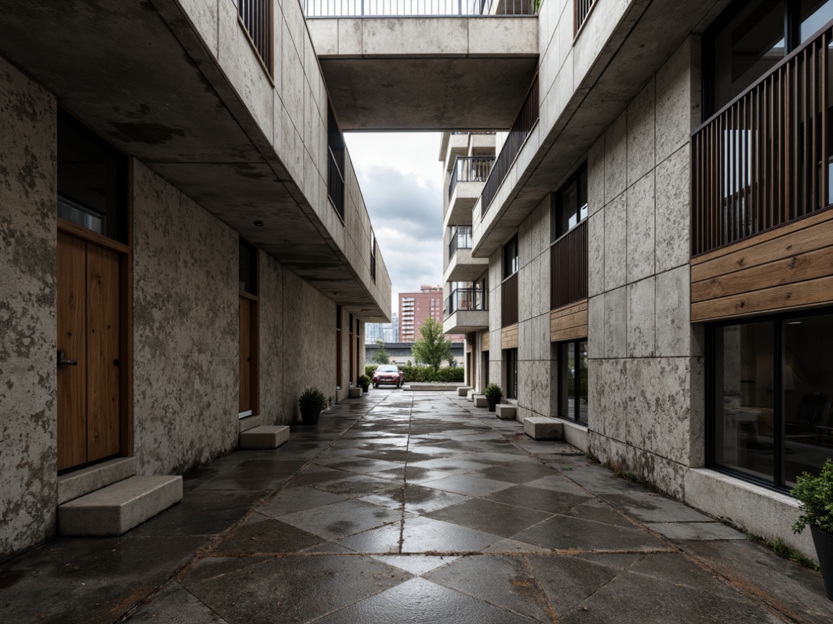 Prompt: Gritty brutalist architecture, raw concrete textures, rugged stone walls, industrial metal accents, bold geometric shapes, monochromatic color scheme, muted earth tones, weathered wooden beams, exposed ductwork, urban cityscape, overcast sky, dramatic shadows, high-contrast lighting, 1-point perspective, symmetrical composition, realistic renderings, ambient occlusion.