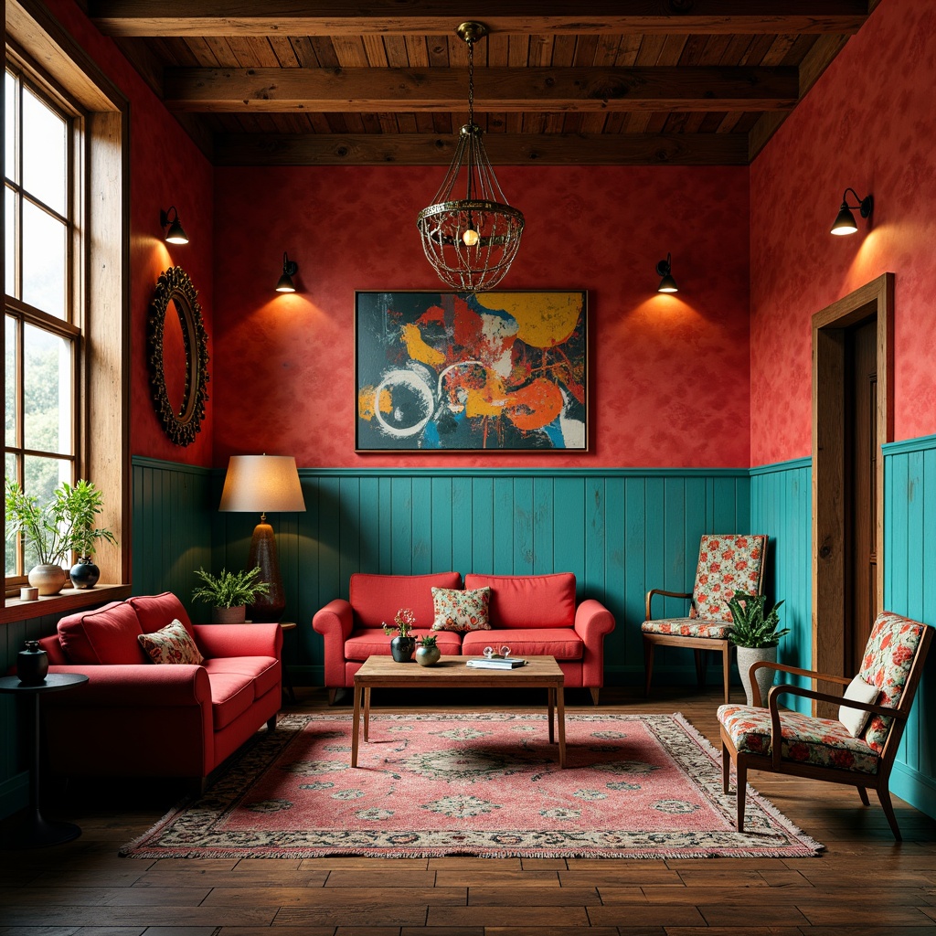 Prompt: Vibrant expressionist interior, bold color blocking, contrasting hues, warm golden lighting, rich turquoise accents, deep crimson walls, distressed wood textures, abstract patterned rugs, eclectic vintage furniture, ornate metal fixtures, whimsical decorative accessories, dramatic shadows, moody atmosphere, cinematic composition, high contrast ratio, 1/2 framing, atmospheric perspective.