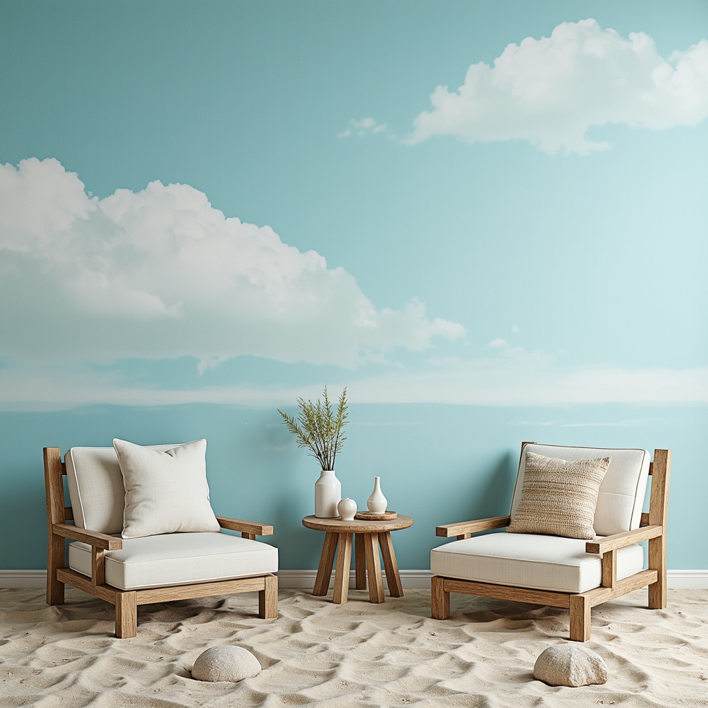 Prompt: Cerulean blue accent wall, soft white clouds, gentle sea breeze, warm sandy beach, driftwood furniture, natural linen upholstery, woven sea grass textures, ocean-inspired sculptures, calming ambiance, softbox lighting, shallow depth of field, 1/1 composition, minimalist color scheme, pastel hues, creamy whites, weathered wood accents, nautical elements, serene atmosphere, dreamy quality.