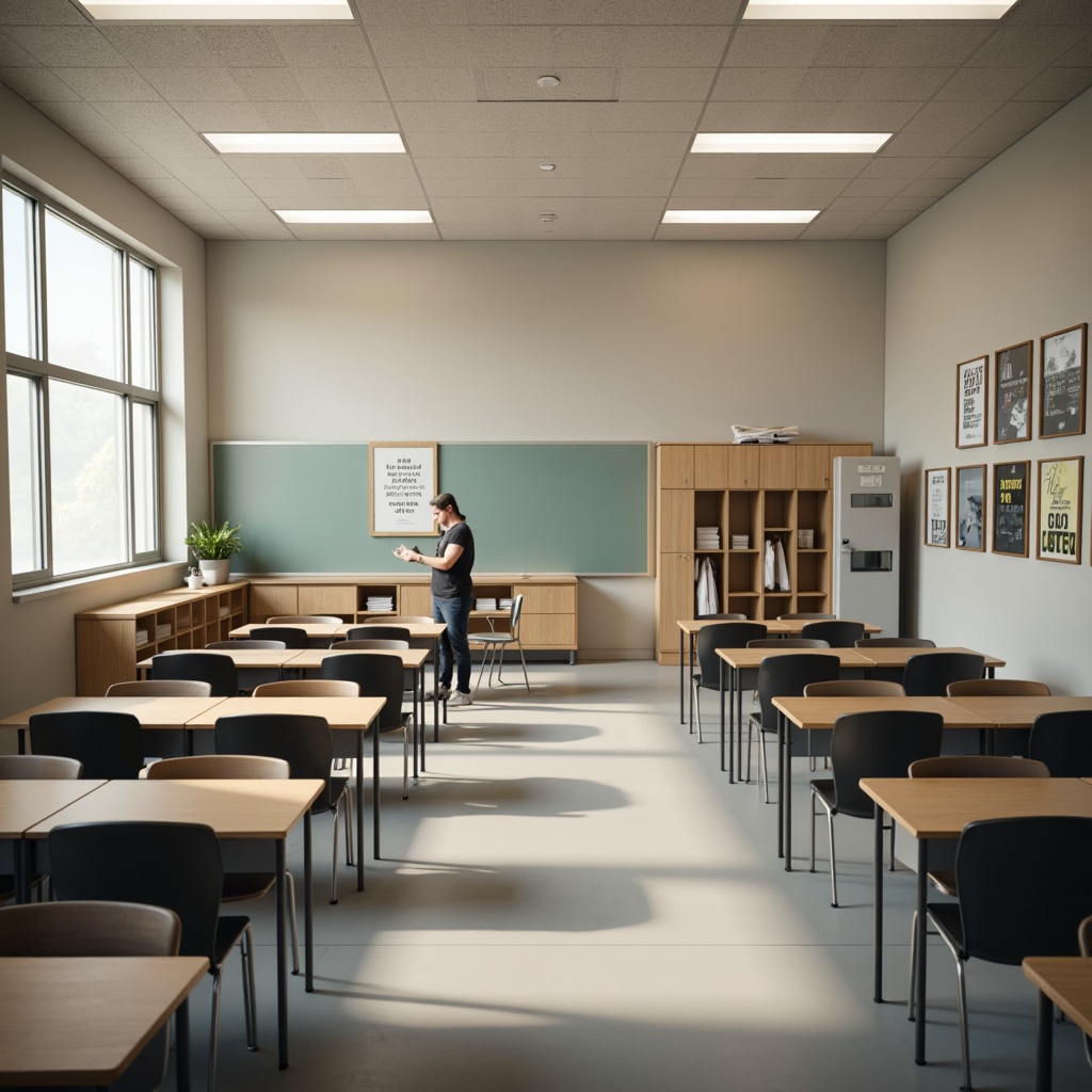 Prompt: Simple high school classroom, minimalistic decor, functional furniture, wooden tables, ergonomic chairs, metal lockers, softbox lighting, calm color scheme, educational posters, motivational quotes, inspirational artwork, subtle textures, shallow depth of field, 1/1 composition, realistic rendering, ambient occlusion.