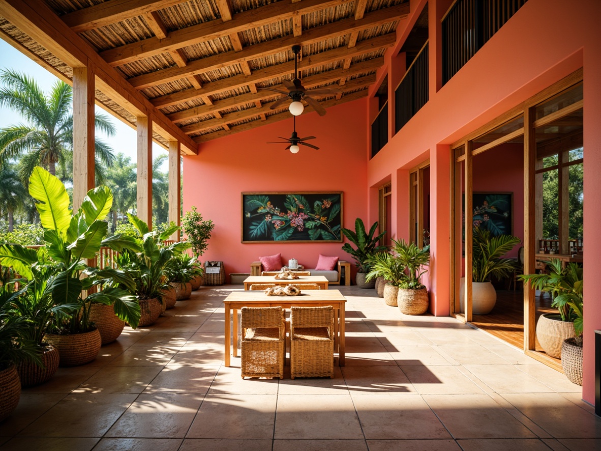 Prompt: Vibrant tropical classroom, bright coral walls, warm wooden accents, lush greenery, exotic palm trees, colorful floral patterns, woven bamboo furniture, natural textiles, sunny day, soft warm lighting, shallow depth of field, 3/4 composition, panoramic view, realistic textures, ambient occlusion.