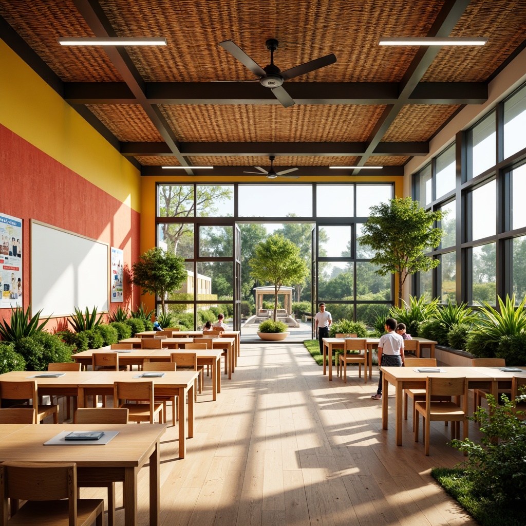 Prompt: Vibrant tropical elementary school, natural wooden floors, woven bamboo ceilings, colorful coral-inspired walls, lush greenery, exotic plants, modern minimalist desks, ergonomic chairs, interactive whiteboards, educational posters, ceiling fans, large windows, sliding glass doors, outdoor courtyard, shaded play areas, misting systems, warm soft lighting, shallow depth of field, 1/1 composition, realistic textures, ambient occlusion.