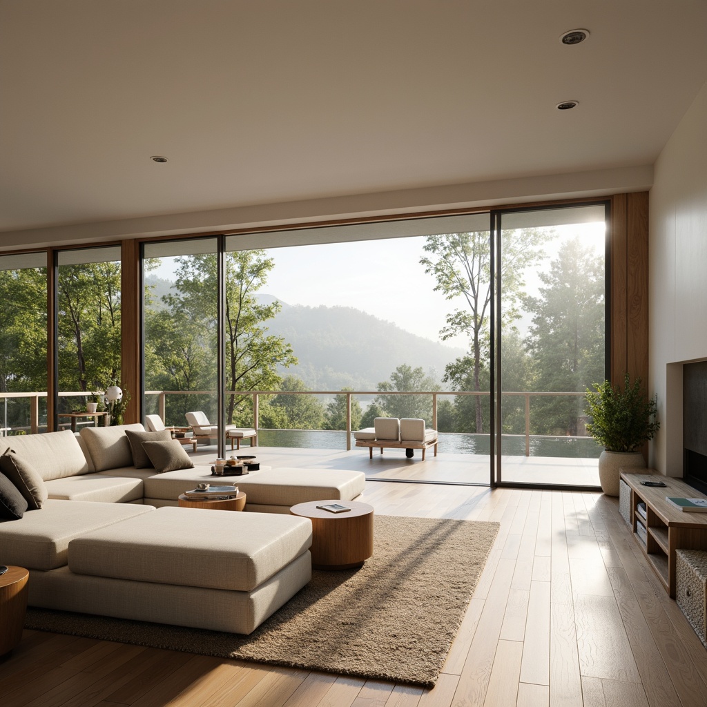 Prompt: Minimalist Scandinavian villa, vast open living area, floor-to-ceiling windows, sliding glass doors, natural light influx, airy atmosphere, sleek wooden floors, white walls, sparse furniture, functional decor, cozy reading nooks, built-in shelving units, hidden storage spaces, flowy layout, seamless transitions, organic shapes, earthy color palette, lush greenery views, surrounding forest landscape, misty morning ambiance, soft warm lighting, shallow depth of field, 1/1 composition, cinematic perspective.