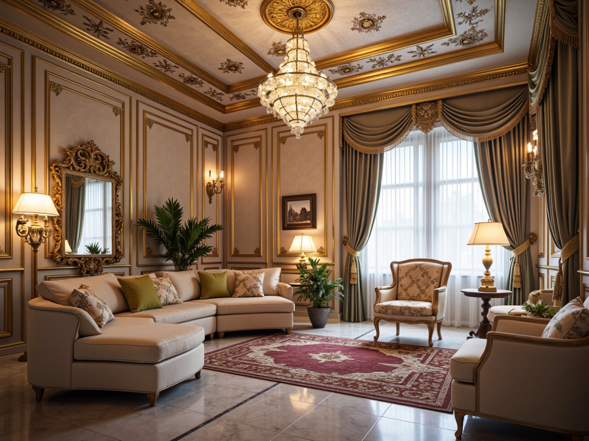 Prompt: Opulent Rococo-style apartment, lavish furnishings, ornate gold accents, velvet drapes, intricately carved wooden panels, crystal chandeliers, marble floors, luxurious textiles, soft pastel colors, delicate floral patterns, curved lines, whimsical furniture shapes, elegant mirrors, refined architectural details, warm candlelight, shallow depth of field, 1/1 composition, intimate atmosphere, realistic reflections.