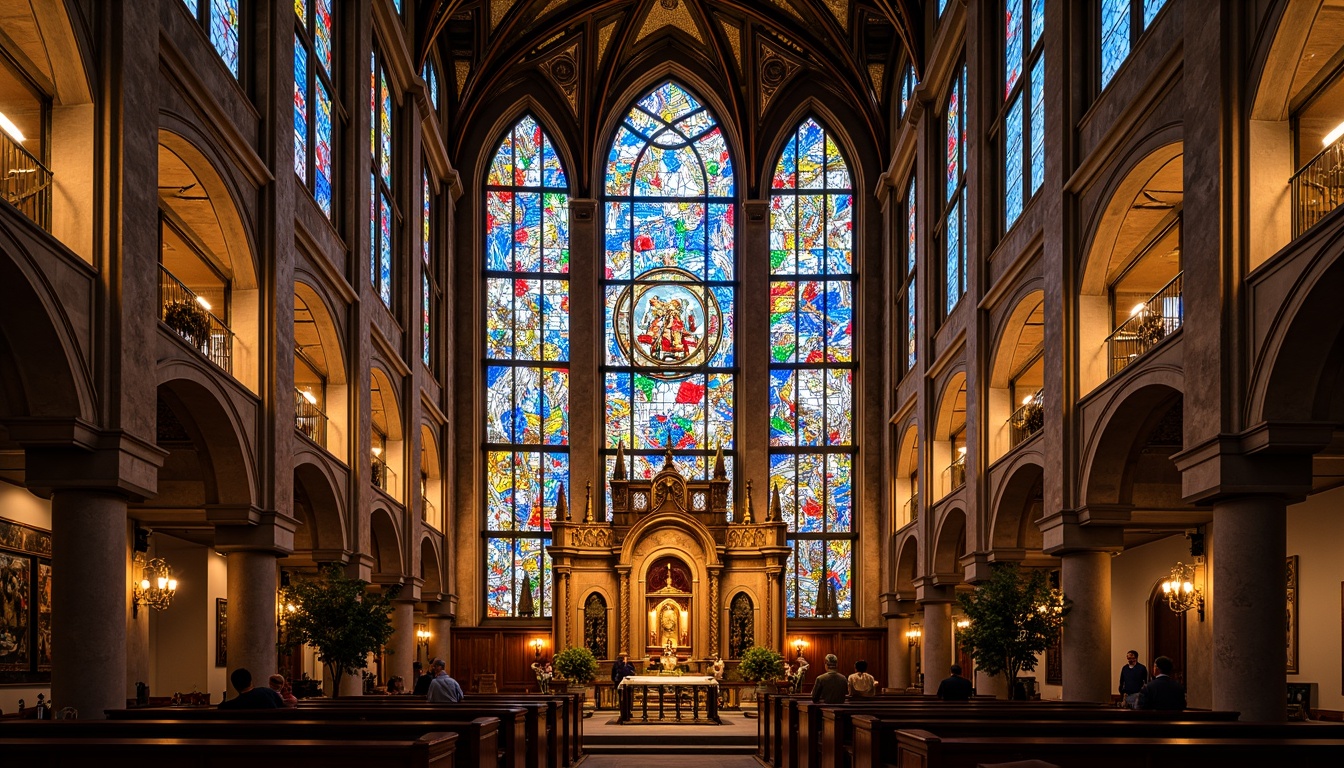 Prompt: Vibrant stained glass windows, ornate geometric patterns, sacred religious symbols, intricate mosaics, Art Deco-inspired architecture, grandiose cathedral ceilings, majestic altarpieces, ornamental stone carvings, lavish gold accents, mystical ambiance, soft warm lighting, shallow depth of field, 1/1 composition, symmetrical framing, vivid colors, realistic textures, ambient occlusion.