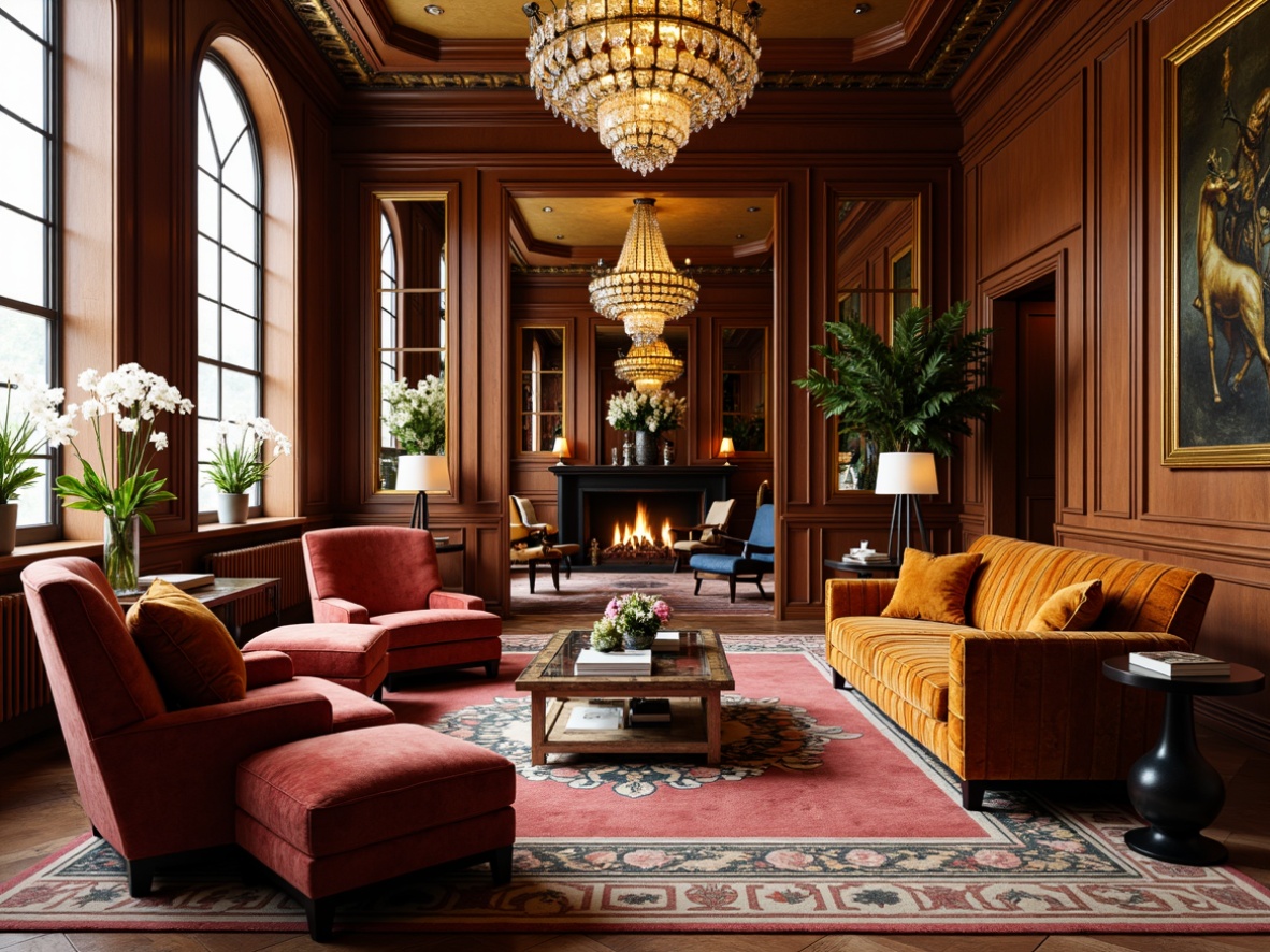 Prompt: Luxurious living room, opulent velvet sofas, polished chrome accents, geometric patterned rugs, ornate mirrors, metallic leafing, inlaid wooden furniture, curved lines, bold colors, lavish chandeliers, sunburst motifs, hexagonal tiles, rich wood grains, tufted upholstery, sculptural shapes, glamorous lighting fixtures, warm golden tones, high-gloss finishes, 3/4 composition, symmetrical balance, dramatic shadows, intricate details.