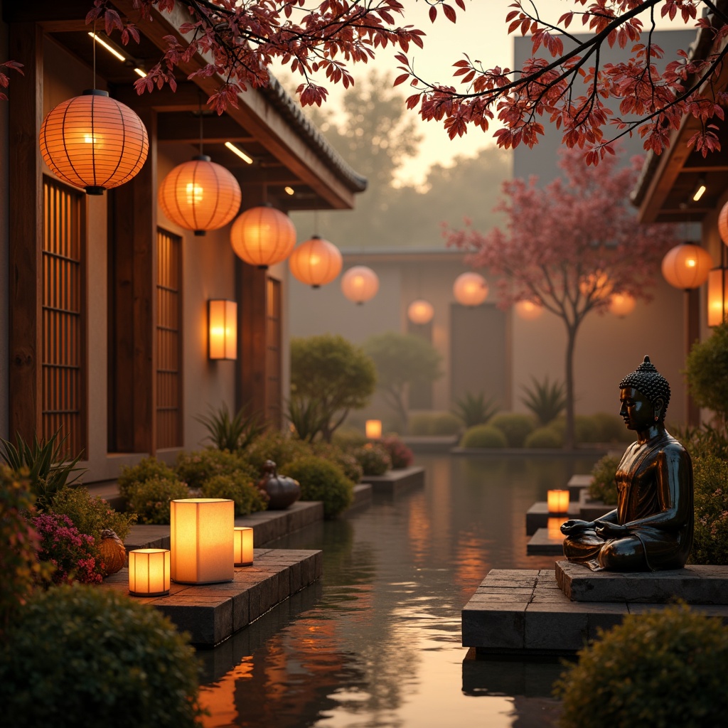 Prompt: \Soothing Asian-inspired ambiance, warm paper lanterns, soft glowing candles, delicate cherry blossom branches, natural wood accents, subtle bamboo textures, serene Buddha statues, tranquil water features, gentle misty atmosphere, warm golden lighting, shallow depth of field, 1/2 composition, intimate close-up shots, realistic ambient occlusion, subtle color grading.\Let me know if this meets your requirements!