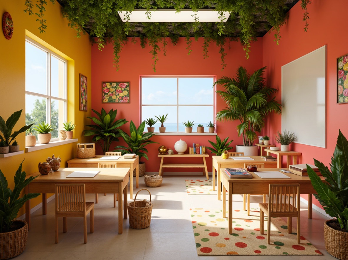 Prompt: Vibrant tropical classroom, bright coral walls, warm wooden desks, lush greenery, palm tree accents, exotic flower patterns, sunny yellow lighting, natural woven textiles, rattan furniture, colorful tiki masks, fun pineapple decorations, playful polka dot rugs, calming ocean blue hues, creamy whiteboard surfaces, minimal modern decor, cozy reading nooks, refreshing citrus scents, warm beige flooring, lively lime green accents.