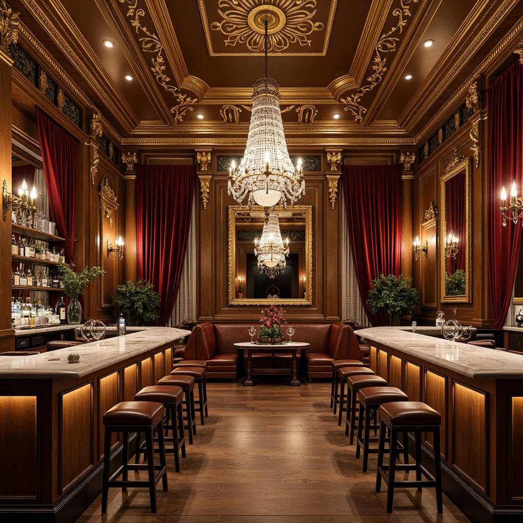 Prompt: Elegant neoclassical bar, ornate mirrors, crystal chandeliers, rich wood paneling, velvet drapes, golden accents, intricate moldings, luxurious marble countertops, leather stools, antique bronze fixtures, soft warm lighting, shallow depth of field, 1/1 composition, symmetrical framing, realistic textures, ambient occlusion, refined color palette, subtle patterns.