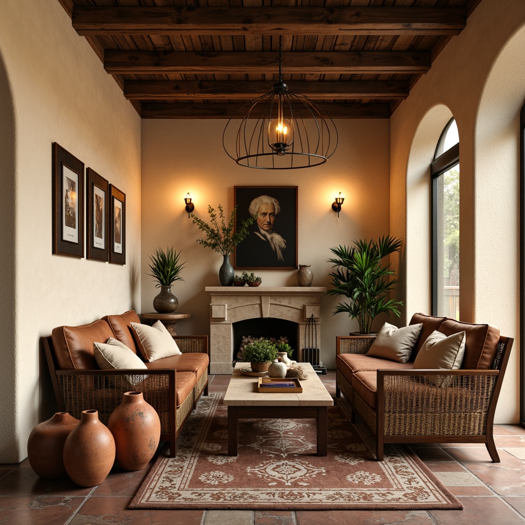 Prompt: Warm beige stucco walls, rustic wooden accents, ornate ironwork, distressed leather upholstery, plush velvet pillows, natural woven fibers, earthy terracotta vases, antique bronze hardware, intricately patterned tiles, soft golden lighting, shallow depth of field, 1/1 composition, realistic textures, ambient occlusion.