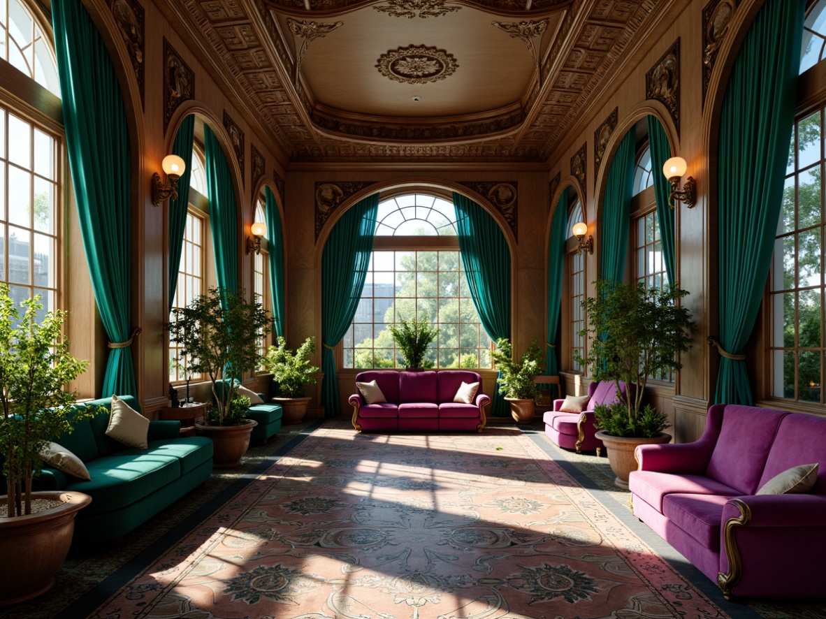 Prompt: Opulent art nouveau interior, rich jewel tones, emerald green, sapphire blue, amethyst purple, gold accents, intricate ornate patterns, flowing organic lines, luxurious velvet fabrics, polished wooden panels, antique bronze fixtures, stained glass windows, soft warm lighting, dramatic shadows, ornate plaster ceilings, curved sinuous shapes, elegant sophisticated ambiance, refined decorative details, vintage inspired furnishings.