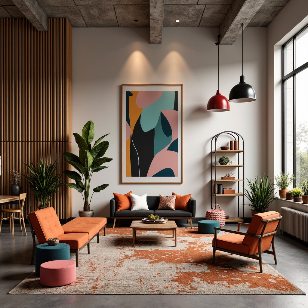 Prompt: \Vibrant design studio, modern interior space, eclectic furniture pieces, bold artwork, geometric patterns, rich wood accents, metallic finishes, pastel color scheme, soft gradient transitions, warm ambient lighting, shallow depth of field, 1/1 composition, realistic textures, subtle noise effects.\