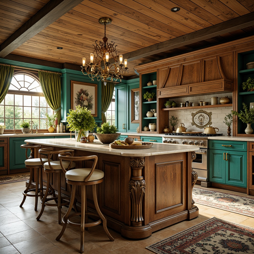 Prompt: Intricate kitchen island, ornate cabinetry, curved wooden legs, flowing organic lines, vibrant turquoise accents, luxurious marble countertops, ornamental metal fixtures, lush greenery, warm golden lighting, soft focus effect, 1/2 composition, shallow depth of field, realistic wood textures, ambient occlusion, Art Nouveau-inspired motifs, elegant ceramic tiles, whimsical patterned fabrics.