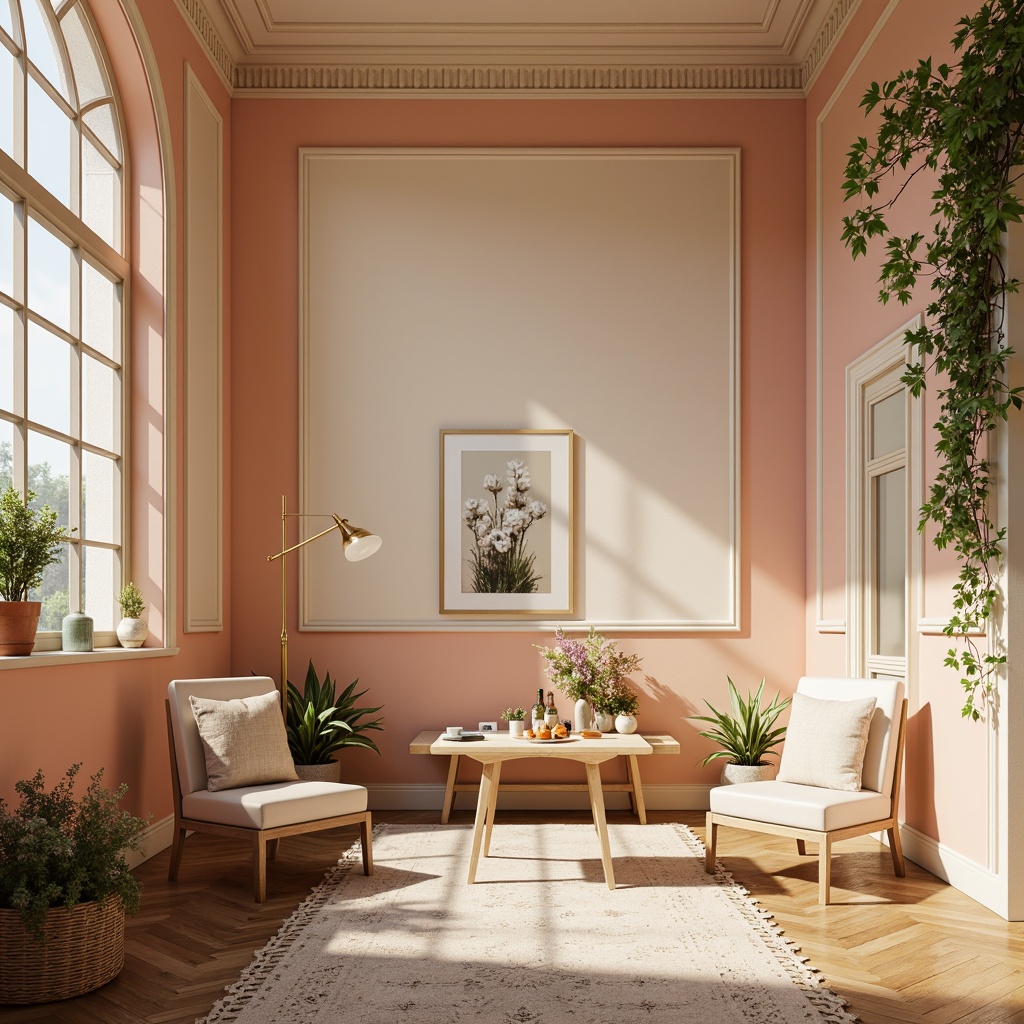 Prompt: Soft peach walls, creamy white accents, warm beige flooring, natural wood tones, elegant brass fixtures, lush greenery, vibrant florals, delicate lace patterns, subtle texture contrasts, warm sunny day, soft golden lighting, shallow depth of field, 1/2 composition, intimate atmosphere, realistic renderings, ambient occlusion.Please let me know if this meets your requirements!